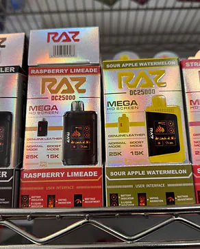 RAZ disposable vapes on the shelf at Shelly's Kleen Tobacco
