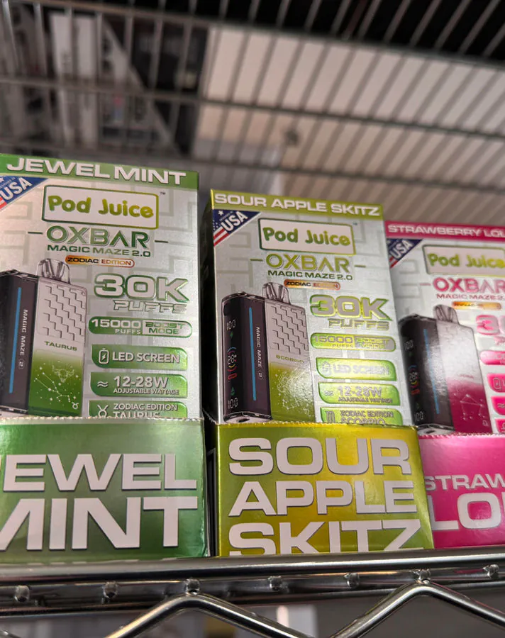 Oxbar pod juice disposable vapes at Shelly's Kleen Tobacco